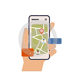 Hand holding mobile smart phone with app delivery tracking. Vector modern flat creative info graphics design on application