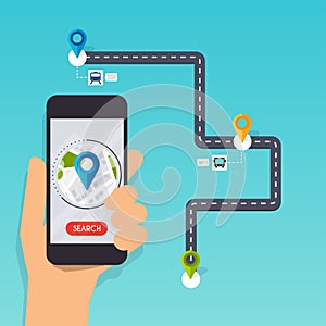 Hand holding mobile smart phone app with track displayed. Navigation concept. Flat design modern vector illustration concept.