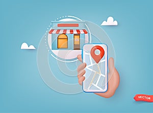 Hand holding mobile smart phone with application search store. Find closest on city map. 3D Web Vector Illustration photo