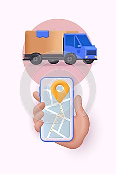 Hand holding mobile smart phone with application tracker. Delivery tracking. GPS navigator pointer. 3D Web Vector Illustrations