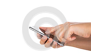 Hand holding mobile smart phone with blank screen Isolated