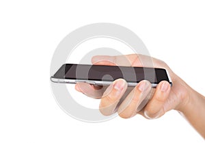 Hand holding mobile smart phone with blank screen Isolated