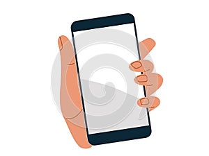 Hand holding mobile smart phone with blank screen isolated on while background. Phone mockup with copy space. Vector