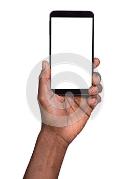 Hand holding mobile smart phone with blank screen