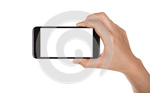 Hand holding mobile smart phone with blank screen Isolated on white background