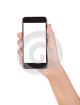 Hand holding mobile smart phone with blank screen Isolated on white background