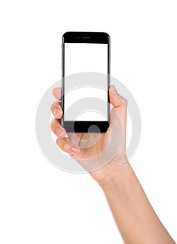 Hand holding mobile smart phone with blank screen Isolated on white background