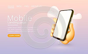 Hand holding mobile smart phone with blank screen. Modern mockup. Vector