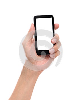 Hand holding mobile smart phone with blank screen on white background. photo