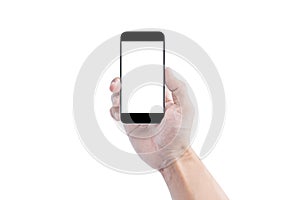 Hand holding mobile smart phone, blank white screen isolated on white background. Clipping path include