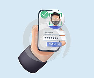 Hand holding mobile smart phone with face recognition app. 3D Web Vector Illustrations.