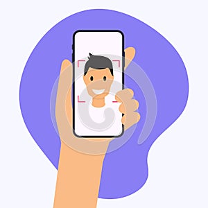 Hand holding mobile smart phone with face recognition app. Vector modern flat creative info graphics design on application