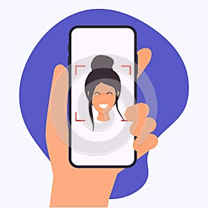 Hand holding mobile smart phone with face recognition app. Vector modern flat creative info graphics design on application