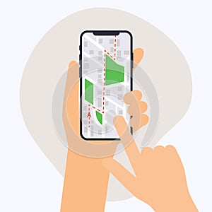 Hand holding mobile smart phone with gps app. Map on smart phone