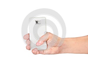 Hand holding mobile smart phone isolated