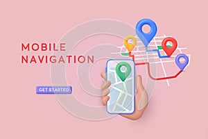 Hand holding mobile smart phone with mobile Location map app. GPS and Navigation Symbol. Element for Map, Social Media, Mobile