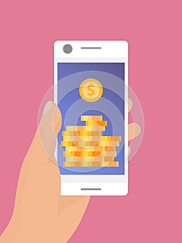 Hand holding mobile smartphone with golden coins on screen vector illustration. Mobile monetization concept. Crypto