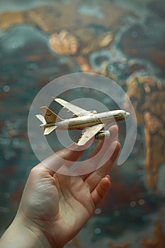 Hand holding a model airplane evoking dreams of travel