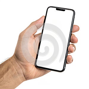 Hand holding smartphone isolated on white background photo