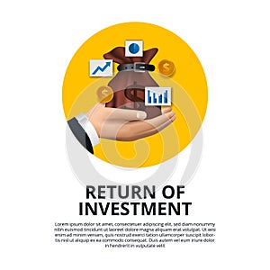 Hand holding money bag golden coin, chart, arrow growth return of investment ROI