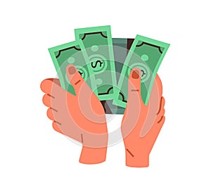 Hand holding money, finance bills. Counting dollar banknotes, financial paper bank notes. Wages, payoff, salary, income