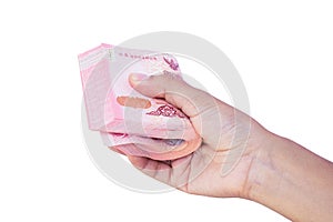 Hand holding money isolated on white
