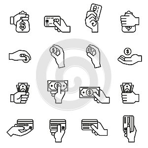 Hand holding money, money bag, coin and credit card icon set.