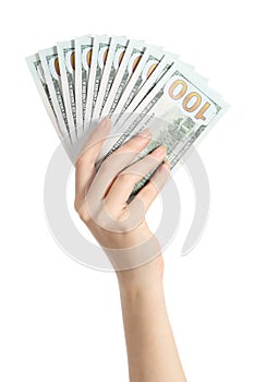 Hand holding money one hundred dollars banknotes