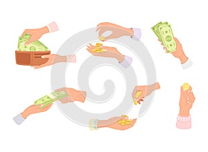 Hand holding money set. Human hands with cash money and golden coins, wallet full of banknotes vector illustration