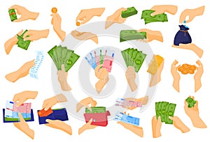 Hand holding money vector illustration set, cartoon flat human hands collection with cash money, gold bar and bag of