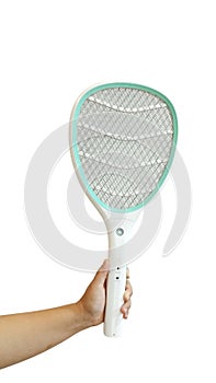 Hand holding Mosquito killer electric tennis bat, insect fly bug wasp swatter