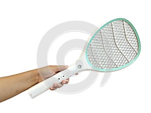 Hand holding Mosquito killer electric tennis bat, insect fly bug wasp swatter, isolated