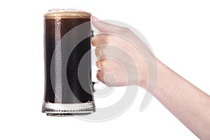 Hand holding mug of beer isolated.making toast