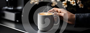 Hand holding a mug of coffee, making coffee at home using modern coffee machine in home interior. A coffee machine