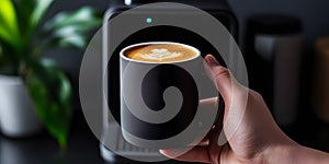 Hand holding a mug of coffee, making coffee at home using modern coffee machine in home interior. A coffee machine