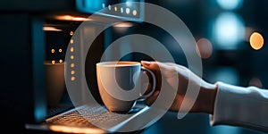 Hand holding a mug of coffee, making coffee at home using modern coffee machine in home interior. A coffee machine