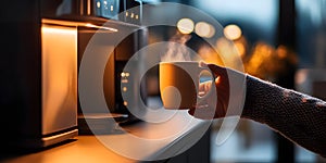 Hand holding a mug of coffee, making coffee at home using modern coffee machine in home interior. A coffee machine