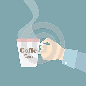 Hand holding mug with coffee. Vector Illustration.