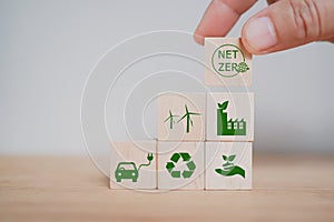 Hand holding net zero icon for health world ,CSR, eco green sustainable living, zero waste, plastic free, earth day,