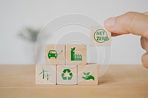 hand holding net zero icon for health world ,CSR, eco green sustainable living, zero waste, plastic free, earth day,