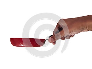 Hand holding non-stick pan isolated on white background