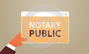 hand holding notary public web banner signing and legalization documents concept photo