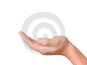 Hand holding an object on white background