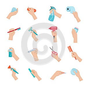 Hand holding objects icons set