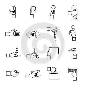 Hand holding objects outline set