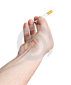 Hand is holding and offering cigarette. Isolated on white background