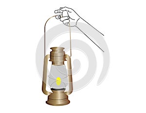 Hand holding an oil lamp isolated on a white background