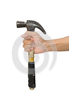 Hand holding old hammer, isolated on white background