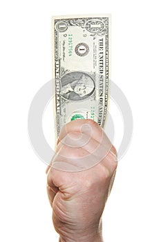 Hand holding one dollar bill photo