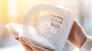 Reading braille: hands on a book in warm light symbolizing accessibility and education,World Braille Day photo